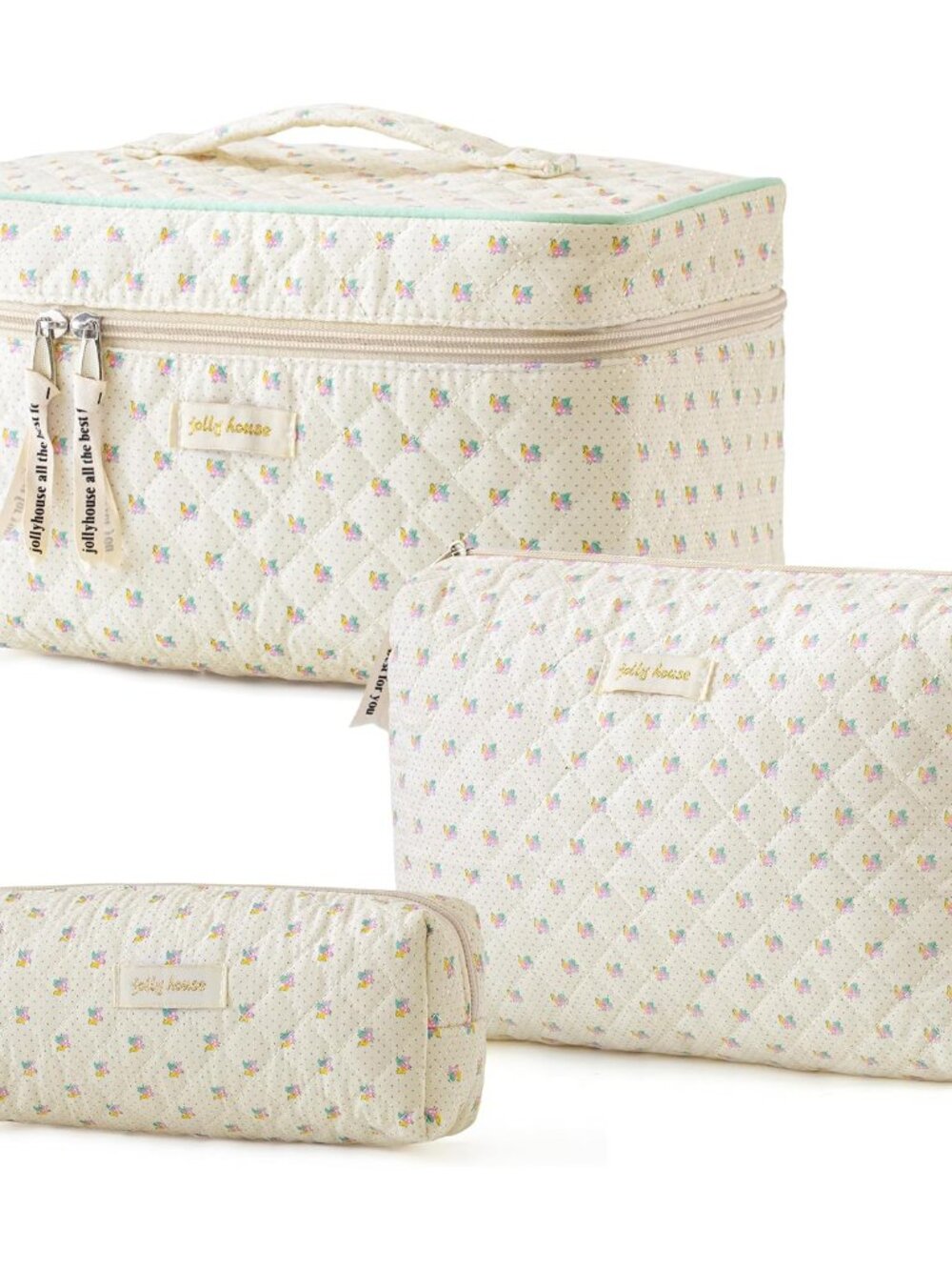 Quilted Makeup Bag, 3Pcs Cotton Large Travel Makeup Bags Organizer